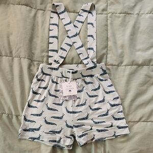 Kate Quinn Cream Slug Patterned Suspender Shorts Overalls